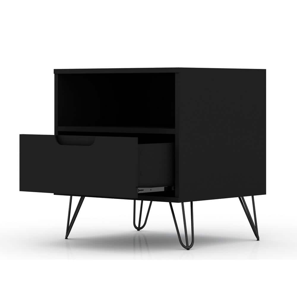 Rockefeller Black MDF 1-Drawer Nightstands with Metal Legs, Set of 2