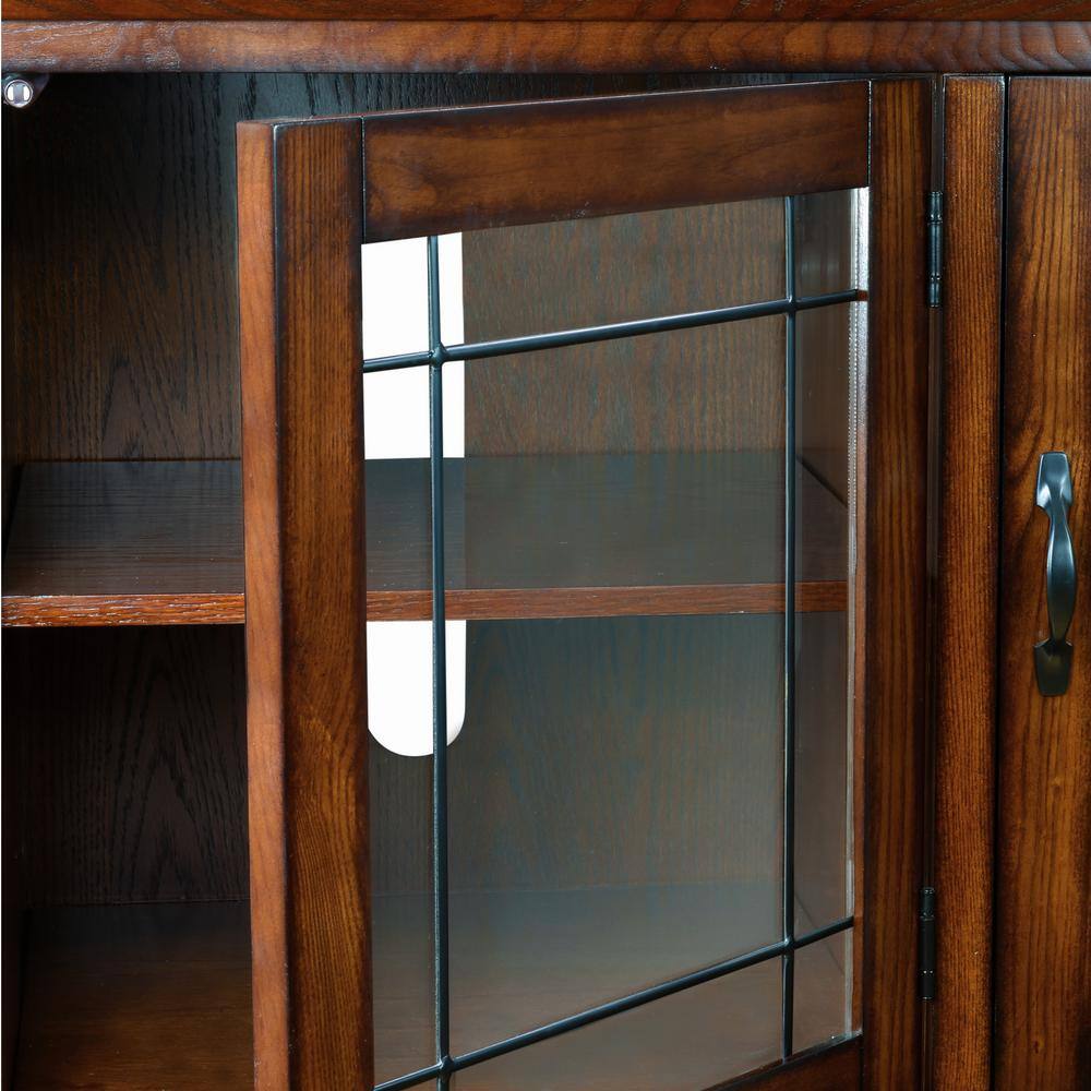 Burnished Oak 50" Corner TV Stand with Leaded Glass Doors