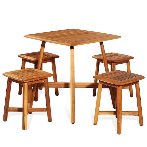 ANGELES HOME 5-Piece Acacia Wood Outdoor Dining Set with Square Table and 4 Stools