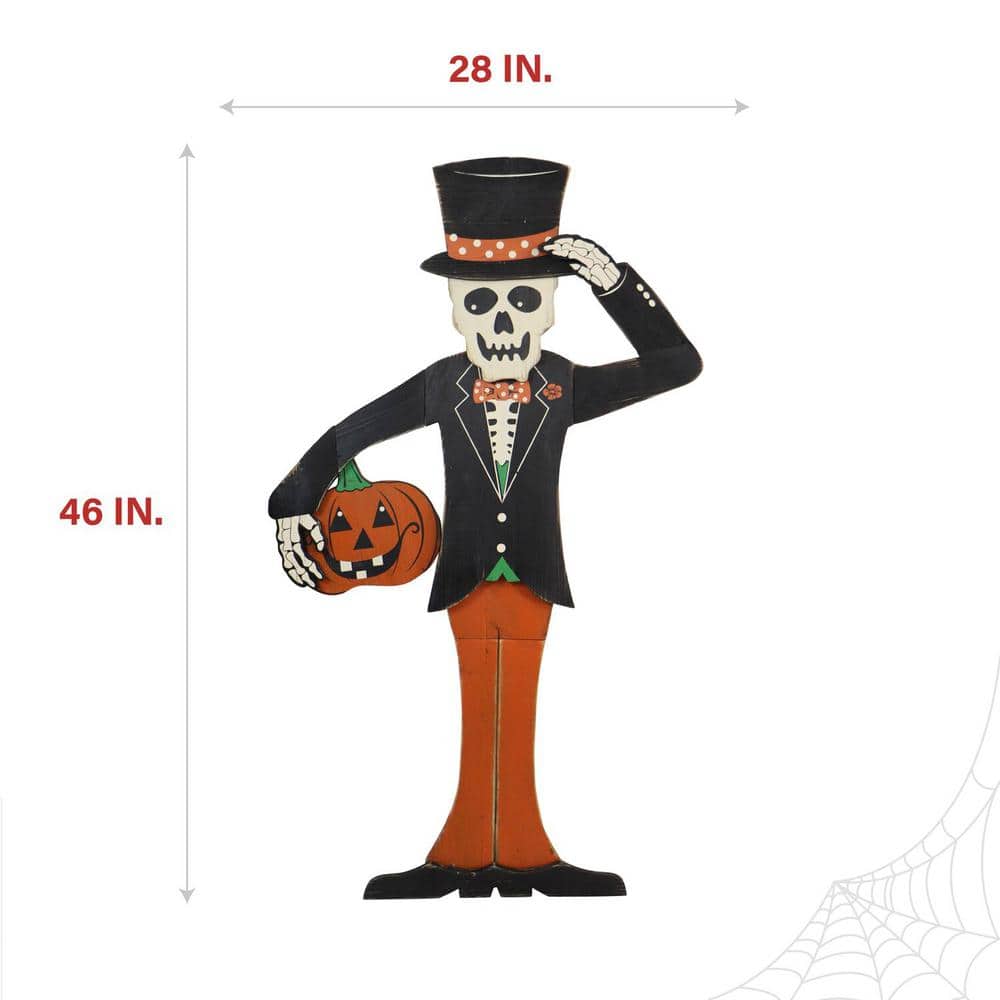 46" Painted Skeleton Holding Pumpkin Wooden Yard Stake