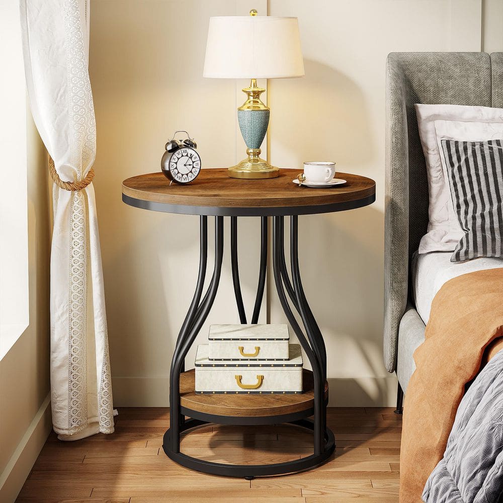 Kerlin 19.7 in. Brown Rustic Round Wood Side Table 2-Tier End Table with Metal Frame for Living Room, Bedroom