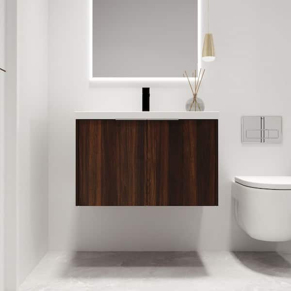 ARTCHIRLY 29.5 in. W x 18.1 in. D x 19.3 in. H Wall-Mounted Bath Vanity in Brown with White Resin Vanity Top