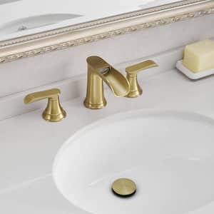 Waterfall 8 in. Widespread Double Handle Brass Bathroom Faucet with Pop Up Drain and Water Supply Hoses in Brushed Gold