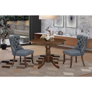 3-Piece Antique Walnut Finish Solid Wood Top - Round Upholstered Dining Room Set - Seats 4