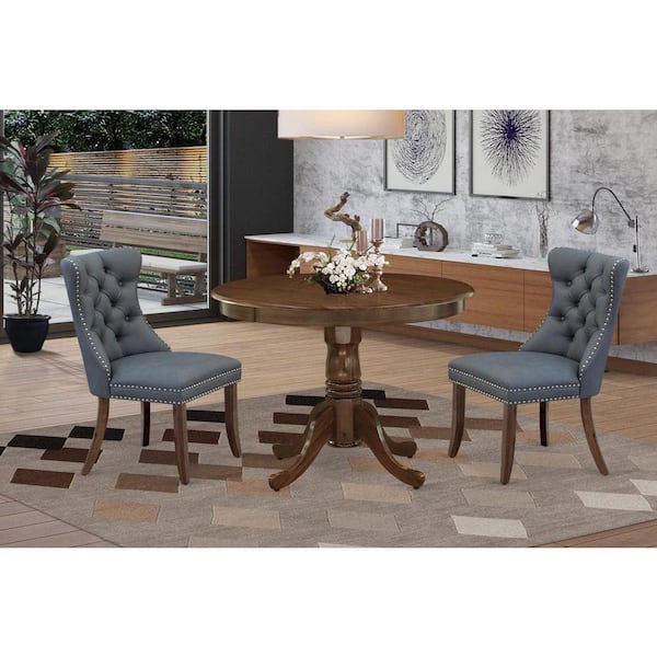 East West Furniture 3-Piece Antique Walnut Finish Solid Wood Top - Round Upholstered Dining Room Set - Seats 4