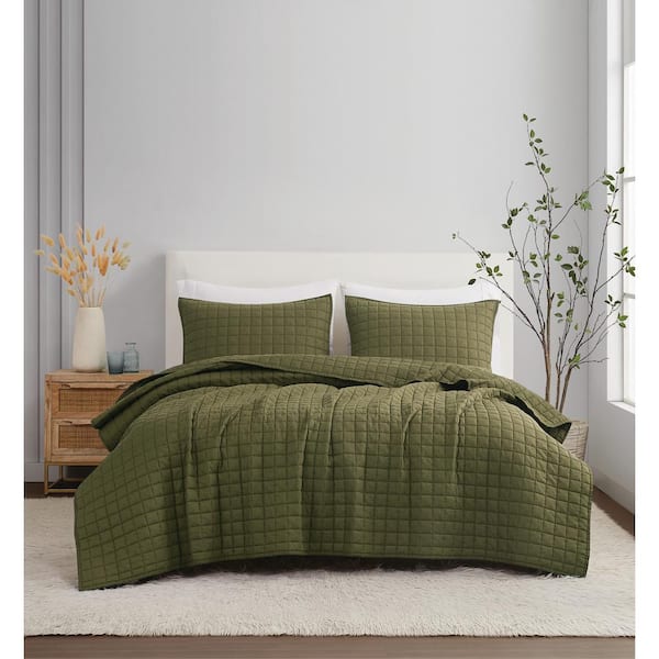Brooklyn Loom 3-Piece Moss Green Solid 100% Linen Full/Queen Quilt Set