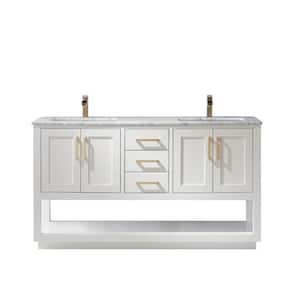Remi 60 in. Bath Vanity in White with Carrara Marble Vanity Top in White with White Basins