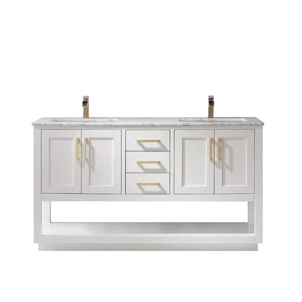 Altair Remi 60 in. Bath Vanity in White with Carrara Marble Vanity Top in White with White Basins