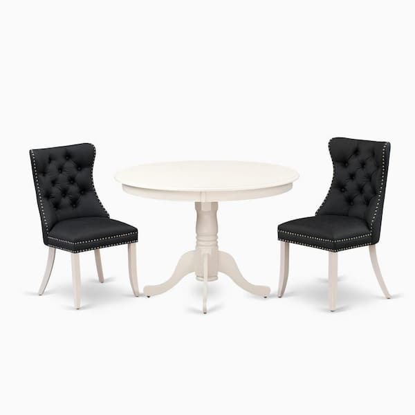 East West Furniture 3-Piece Linen White Finish Solid Wood Top-Round Upholstered Dining Room Set-Seats 4