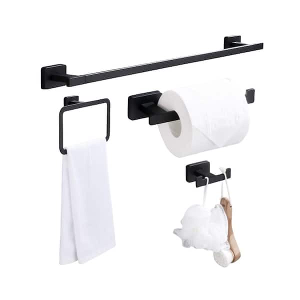 Unbranded Premium 4-Piece Bath Hardware Set with 18" Towel Bar, Square Towel Ring, Toilet Paper Holder, Robe Towel Hook in Black