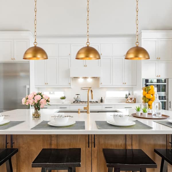 Uolfin Farmhouse Brushed Gold Pendant Light, 10 in. 1-Light Bowl Kitchen Hanging Pendant Light Fixture