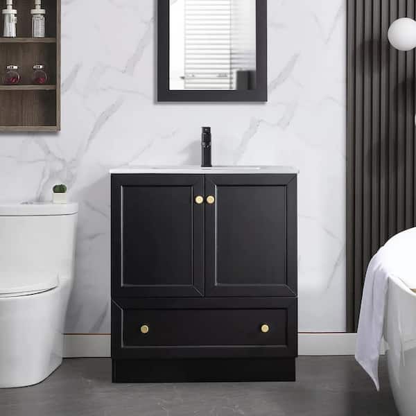 eclife 30 in. W x 18.2 in. D x 34 in. H 1-Sink Freestanding Bath Vanity in Black With White Ceramic Top and Drain Faucet Set