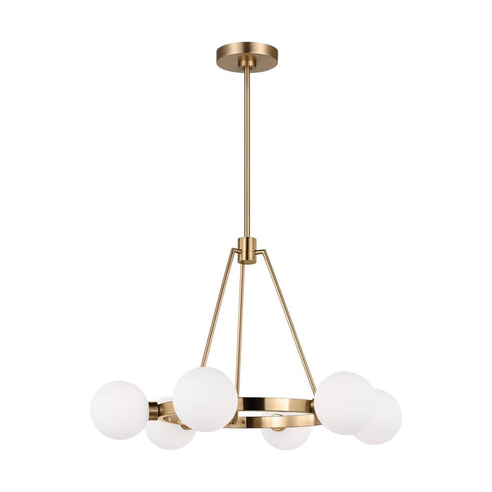 Satin Brass and Frosted Glass 6-Light Wagon Wheel Chandelier