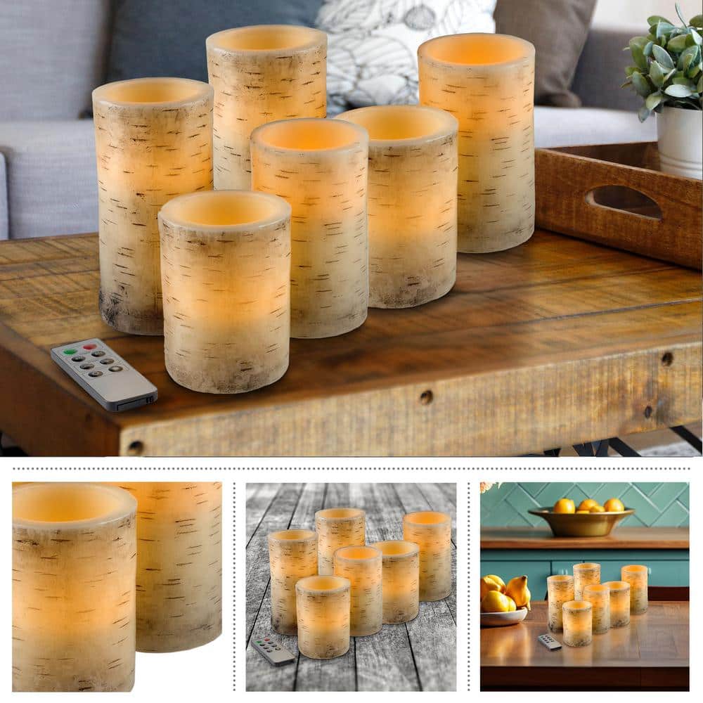 Rustic Cream Faux Birch Bark Flameless LED Candles Set of 6