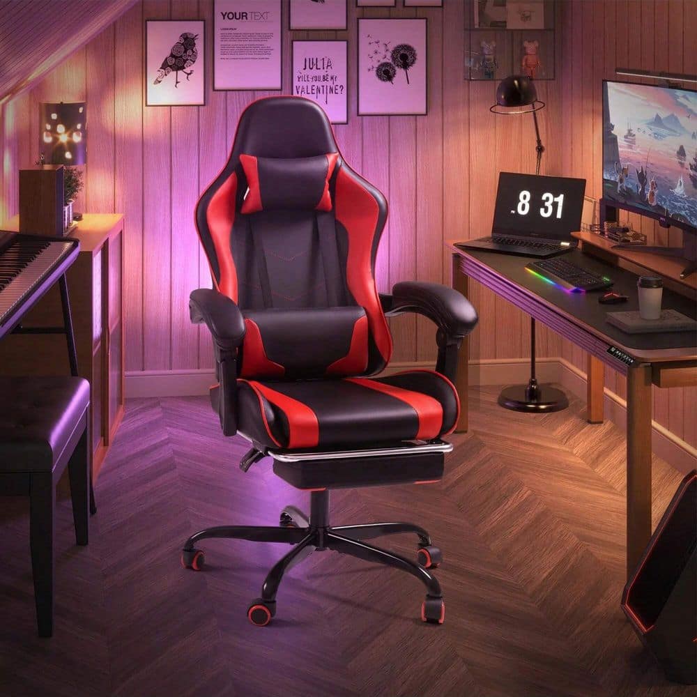 Polyurethane Height Adjustable Footrest Massage Lumbar Support Ergonomic Gaming Chair in Red with Adjustable Arms