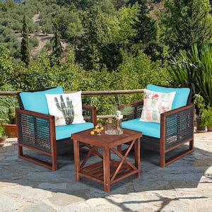 3-Pieces Rattan Wicker Patio Conversation Set Outdoor Furniture Set with Turquoise Cushion