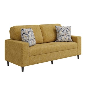 Copeland 77.5 in. Square Arm Fabric Rectangle Modern Sofa in. Textured Mustard Yellow Chenille with 2 Throw Pillows