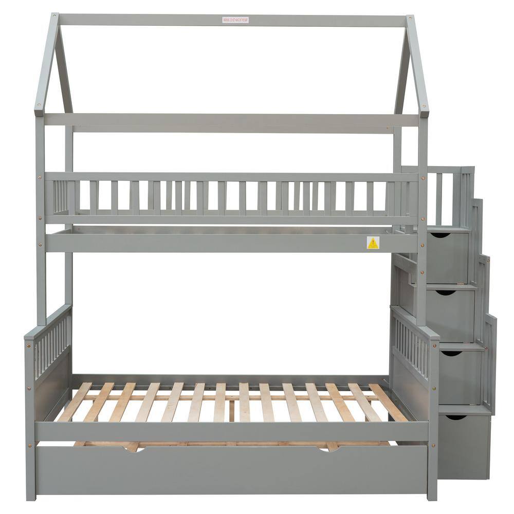 Angel Sar Gray Wood Twin over Full House Bunk Bed with Storage ...