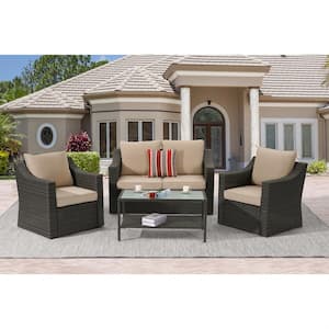 4-Pieces PE Rattan Wicker Outdoor Sofa Set Conversation Furniture Couch with Beige Cushions
