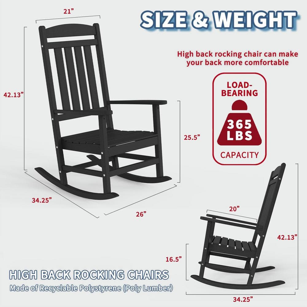 Black HDPE All Weather Outdoor Rocking Chair Set of 2