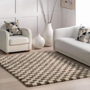 Adelaide Mid-Century Checkered Shag Area Rug Beige Doormat 3 ft. x 5 ft. Accent Rug