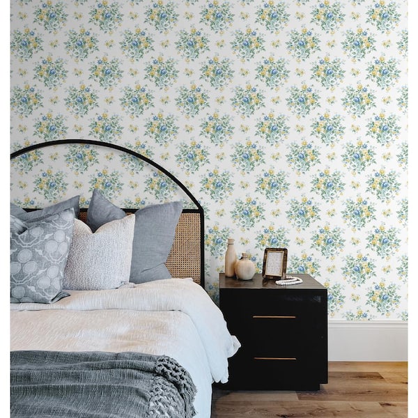 Blue Stream and Buttercup Floral Bunches Vinyl Peel and Stick Wallpaper Roll (30.75 sq. ft.)