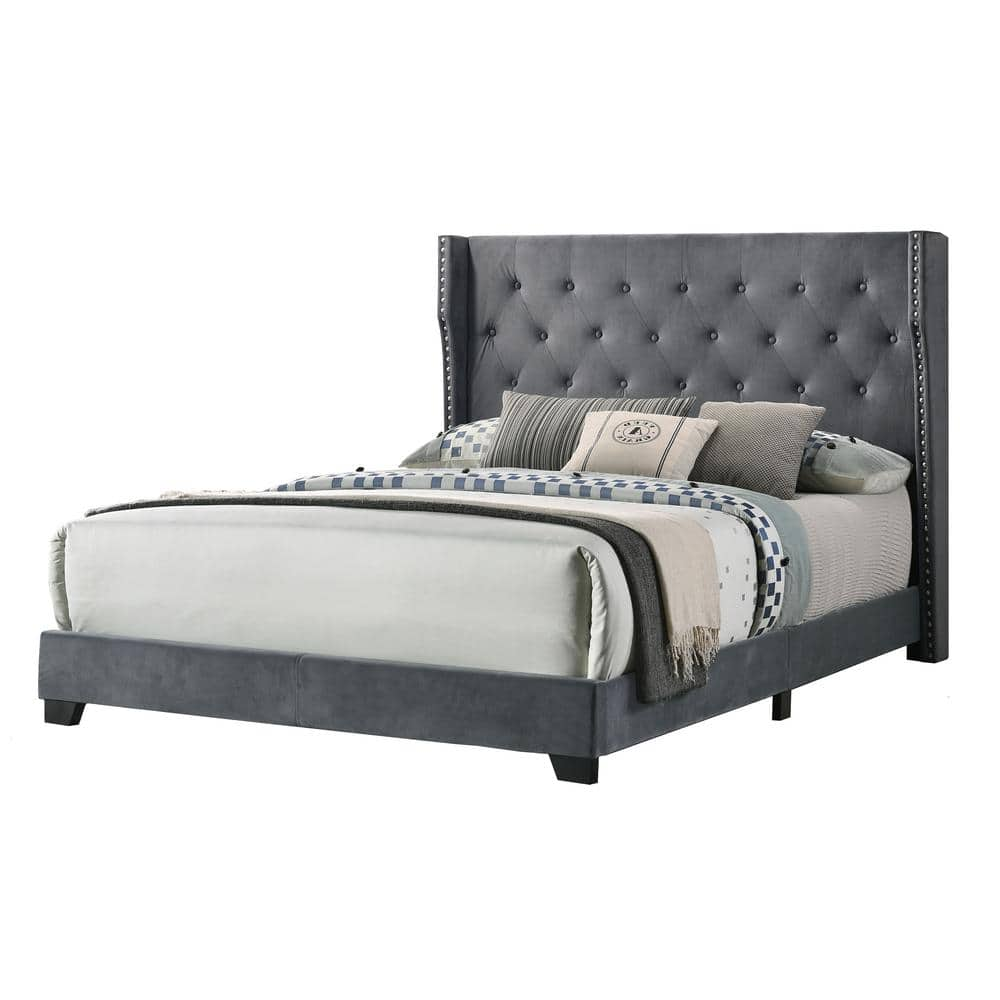 Grey Neutral Velvet Panelled Upholstered Bedhead - Martini Furniture