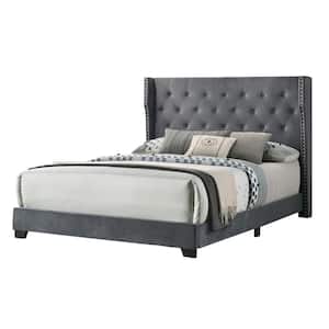 Larna Dark Gray Velvet Upholstered Eastern King Panel Bed