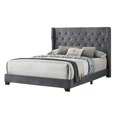 Best Quality Furniture Larna Dark Gray Velvet Upholstered Eastern King Panel Bed, Dark Gray Color