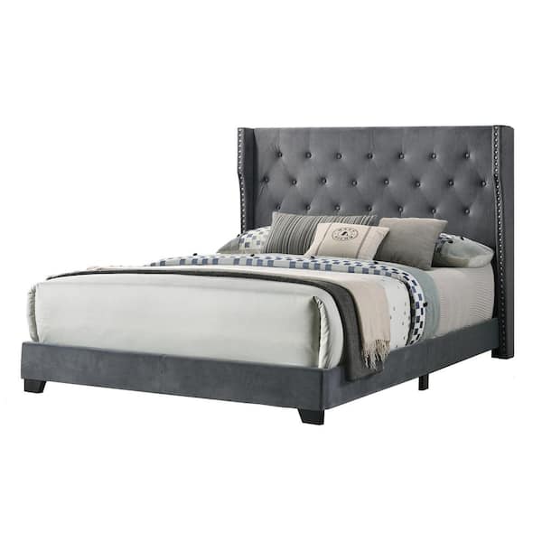 Best Quality Furniture Larna Dark Gray Velvet Upholstered Queen Panel Bed