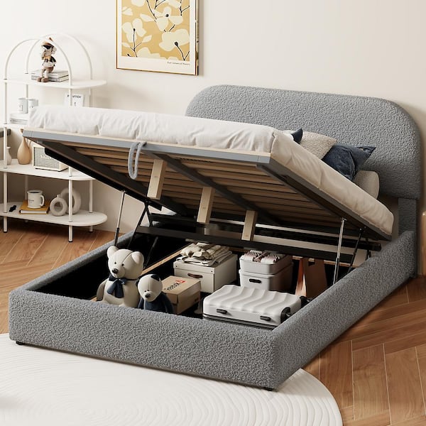 Harper & Bright Designs Gray Wood Frame Full Size Teddy Fleece Upholstered Platform Bed with Hydraulic Storage System and Pull Rope