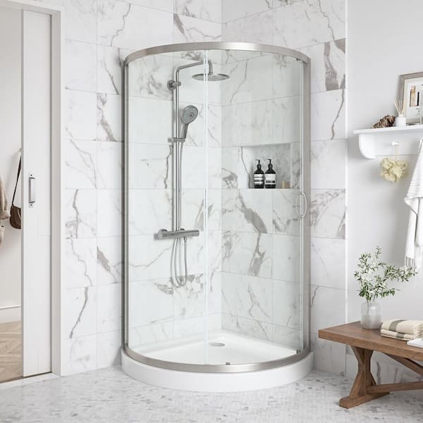 Breeze 34 in. L x 34 in. W x 76.97 in. H Corner Shower Kit with Clear Framed Sliding Door in Satin Nickel and Shower Pan