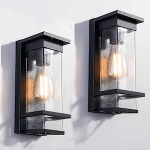 Montpelier 11.69 in. H Black Hardwired Outdoor Wall Lantern Sconce with Dusk to Dawn (Set of 2)