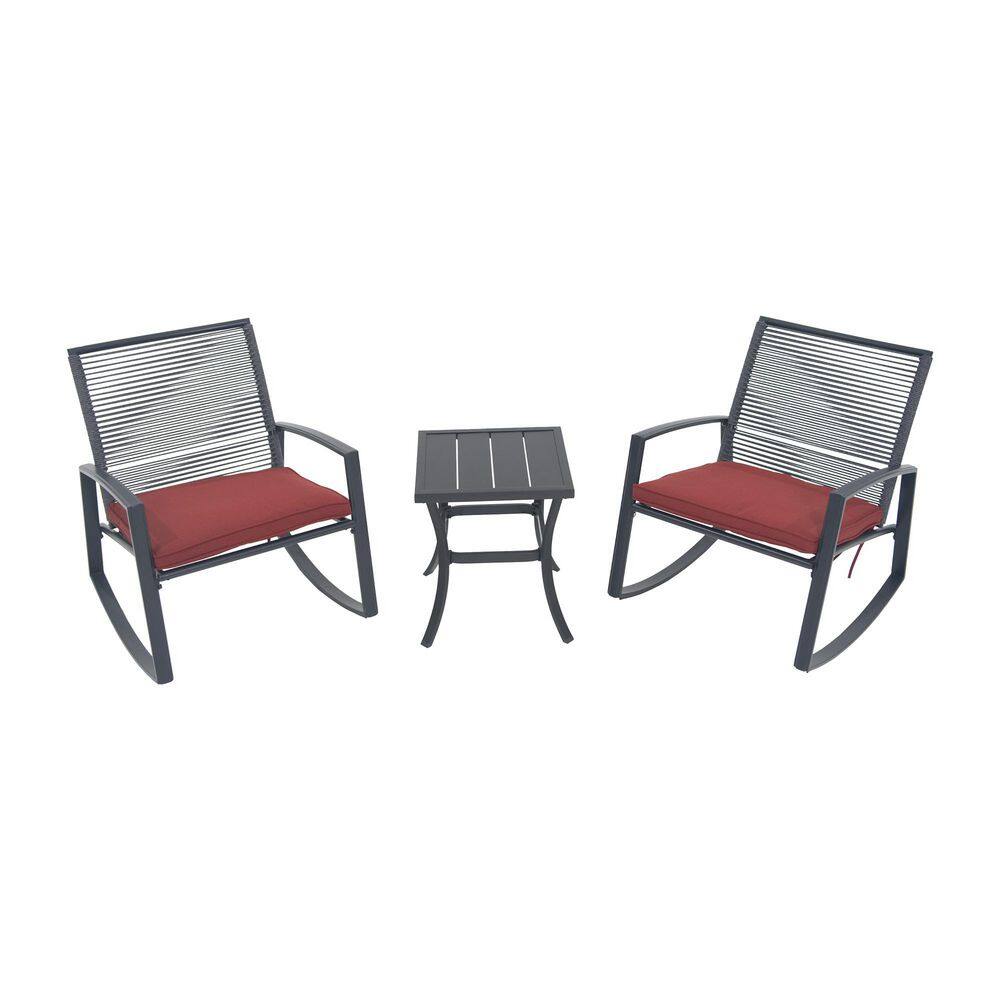 Black 3-Piece Metal Outdoor Bistro Set Rocking Conversation Set with Table and Red Cushion price history on PriceWatchPro