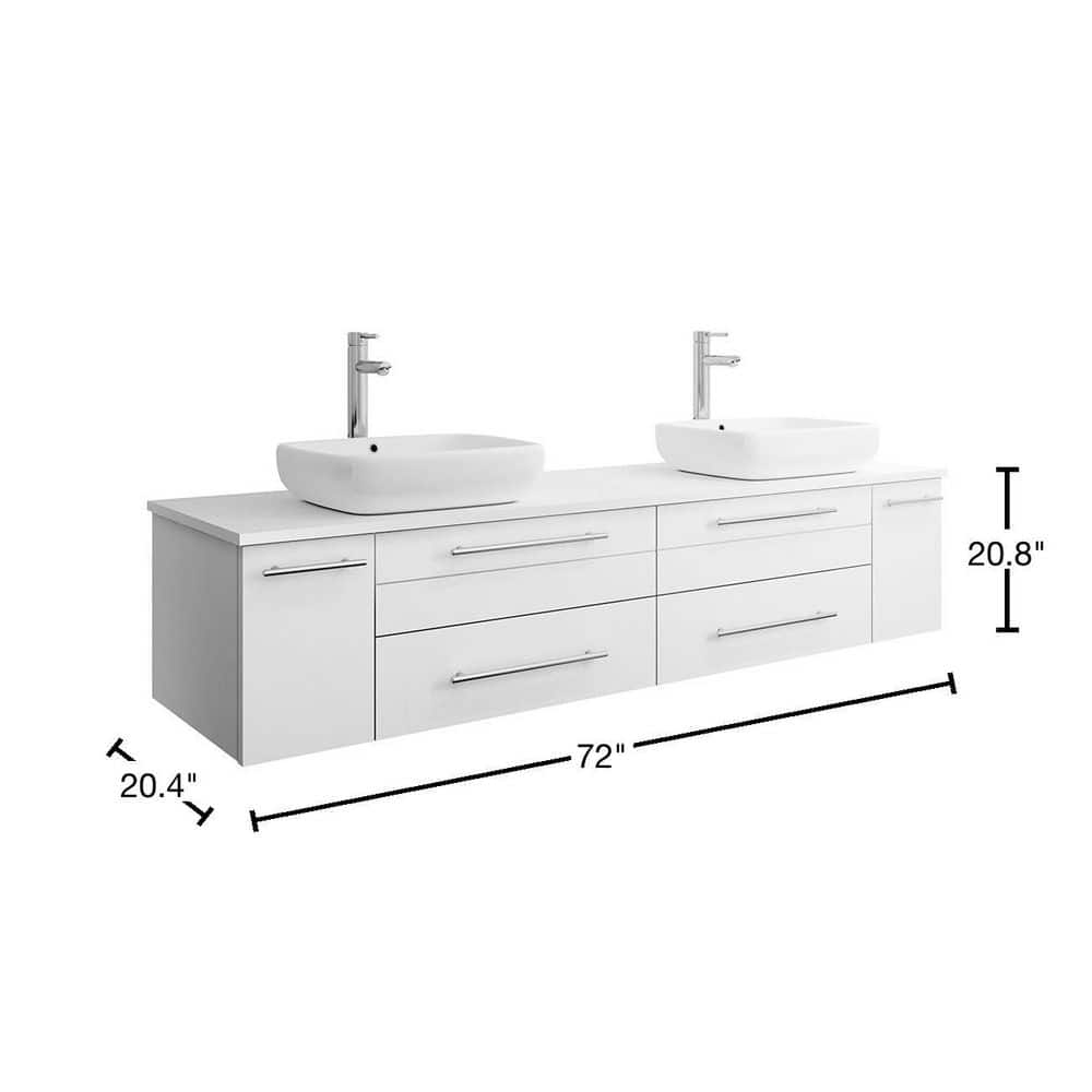 Elegant 72" White Quartz Top Double Vessel Sink Wall-Mount Vanity