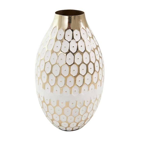 Litton Lane 10 in. Gold Geometric Dot Metal Geometric Decorative Vase with White Accents