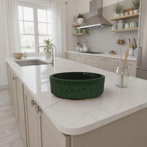 Limy Dark Green Round 14.57 in. Glazed Ceramic Accessory Bowl