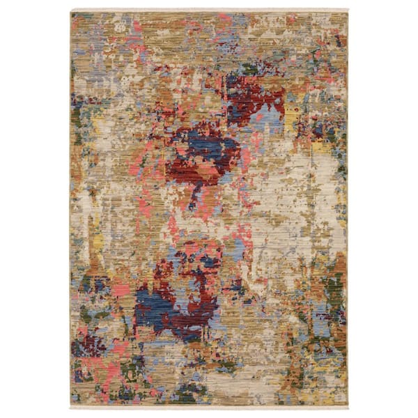 Solano Beige/Multi-Colored 7 ft. x 10 ft. Contemporary Abstract Wool Nylon Blend Fringe-Edge Indoor Area Rug