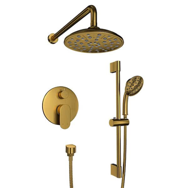 Unbranded Retro Series 3-Spray Patterns with 1.8 GPM 8 in. Rain Wall Mount Dual Shower Heads with Handheld in Brushed Gold