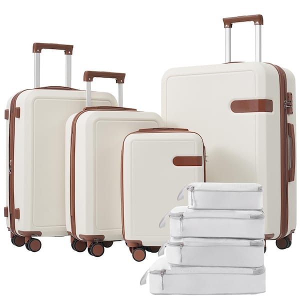 4-Piece White and Brown Expandable ABS Hardshell Spinner 16 in. 20 in. 24" 28" Luggage Set with 4 Packing Cubes TSA Lock