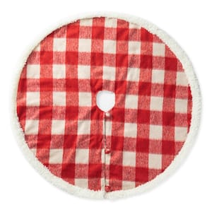 48 in. D Red and White Plaid Reversible Sherpa/Flannel Christmas Tree Skirt