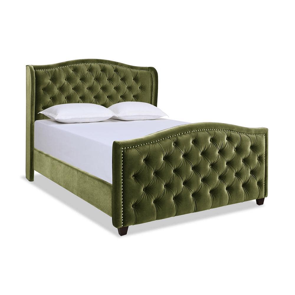 Elegant Olive Green Velvet Queen Bed with Nailhead Trim