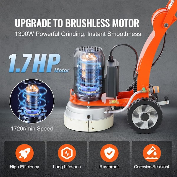 Electric Concrete Floor Grinder 10 in. Walk-Behind Grinder 1.7HP Concrete Floor Polisher, 1300W Grinding Machine 1720RPM