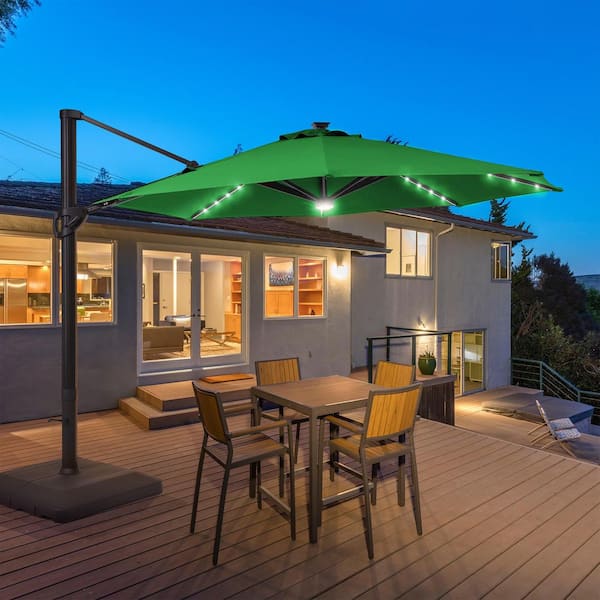 JOYESERY 11 ft. LED Aluminum Cantilever Patio Umbrella with Outdoor Offset Rotation and a Base in Kelly Green