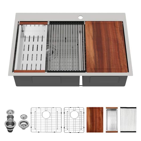 33 in. Drop-In 64-Double Bowl 16-Gauge Low-Divide Stainless Steel Workstation Kitchen Sink with All Accessories
