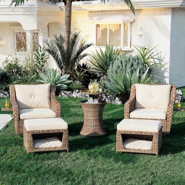 Brown 5-Piece Wiker Patio Conversation Set with Ottomans and Beige Cushions, Bistro Set Swivel Rocking Chairs
