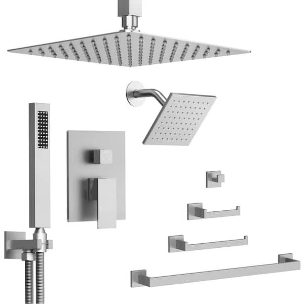 GRANDJOY ClassicRain 3-Spray 10in. Dual Ceiling Mount Fixed and Handheld Shower Head 2.5GPM with Towel Rack Set in Brushed Nickel
