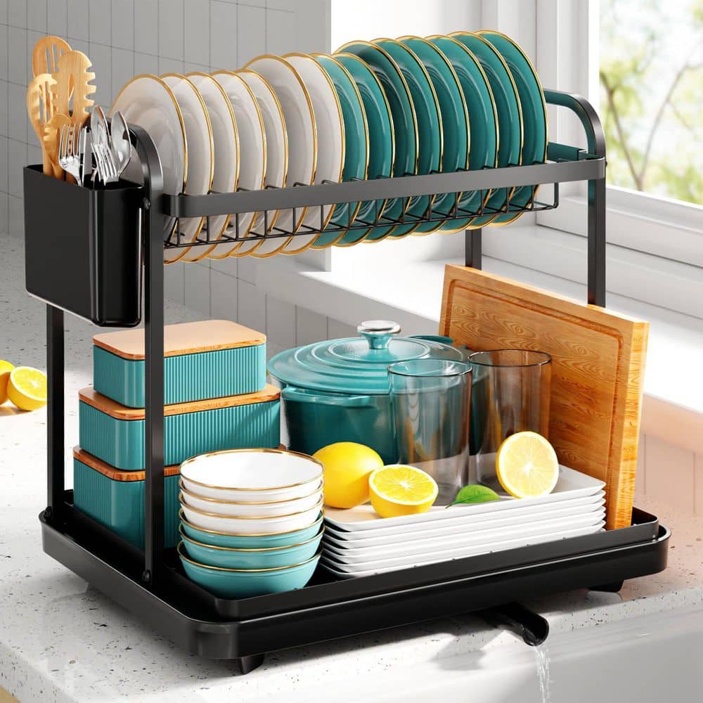 15 x 11. 4x15 in. Cutlery Holder 2-Tier Dish Drying Rack with Drainboard for Kitchen Counter in Black Large Capacity price history on PriceWatchPro