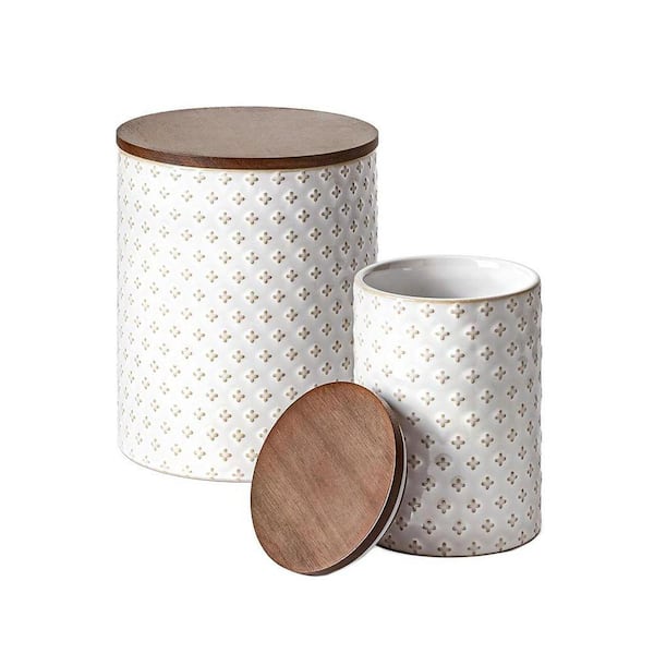 Clover 2-Piece Ceramic Food Storage Canisters Set with Airtight Acacia Lids Embossed Jars for Kitchen Counter