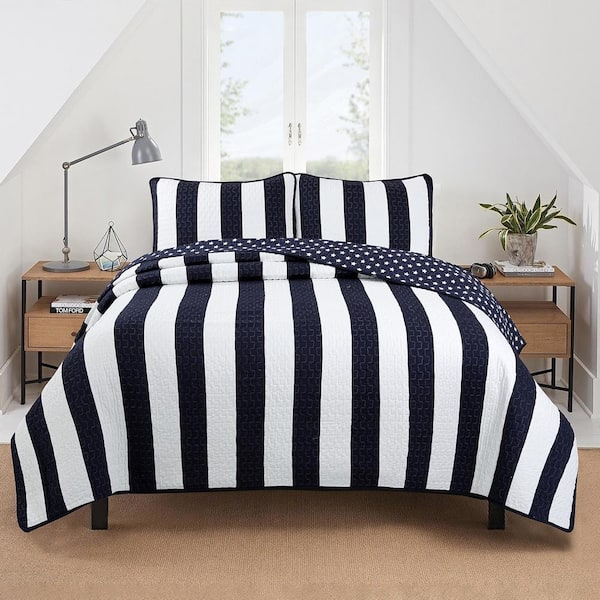 Cozy Line Home Fashions Navy Sailor Stripes Stars 2-Piece Patriotic Nautical Blue and White Cotton Twin Quilt Bedding Set